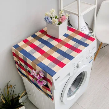 

Cotton Plaid Check Washing Machine Cover Towel Microwave Oven Dustproof Waterproof Cloth Cover Household Strorage
