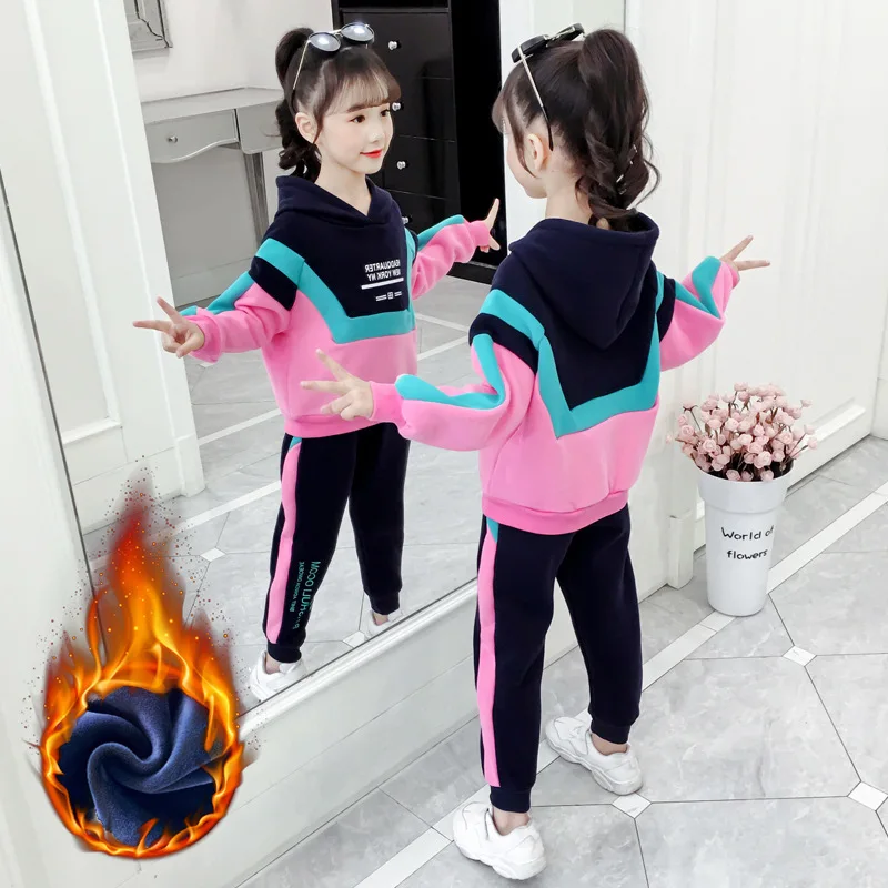 

2019 New Style Casual CHILDREN'S Suit Girls Fall And Winter Clothes Big Boy Children plus Velvet Contrast Color Two-Piece Set Ch