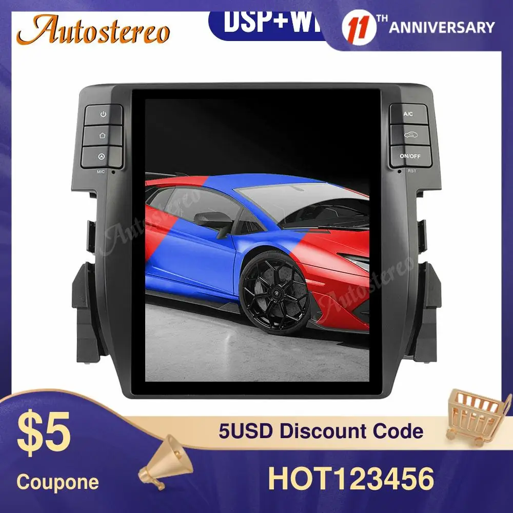 Tesla Style Android 9.0 PX6 Car GPS Navigation For Honda Civic 2016-2019 Stereo Head Unit Multimedia Player Auto Radio Carplay | Автомобили