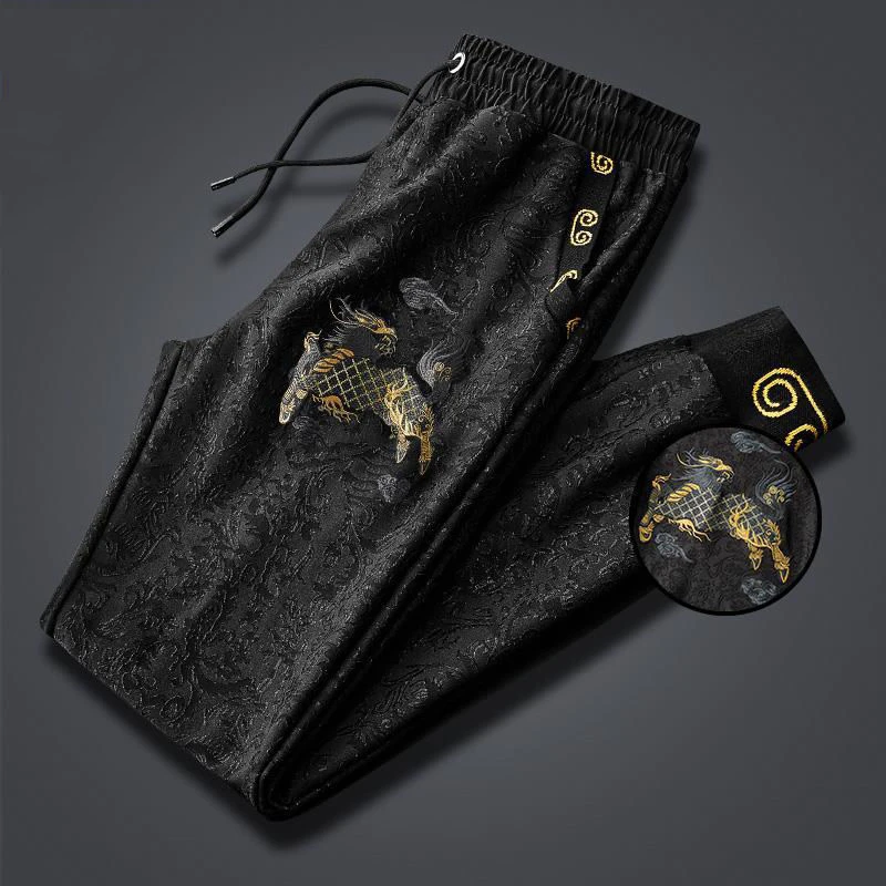 

High end Kirin embroidered dark pattern casual pants men's spring and Autumn New Korean loose large versatile pants trend