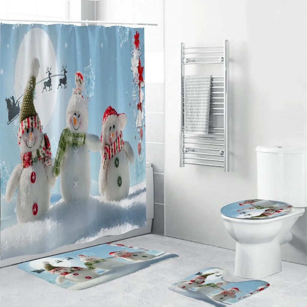 4 шт набор ковриков для унитаза рождественские аксессуары для ванной комнаты Декор Снеговик узор занавеска для душа Противоскользящий ковер набор ковриков F1014 - Цвет: G