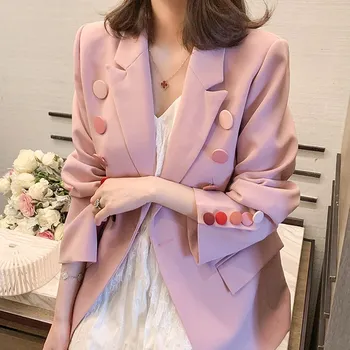 

New Fashion 2020 Designer Cotton Blazer Turn Down Collar Vintage Jacket Women's Pink Double Breasted Buttons Blazers