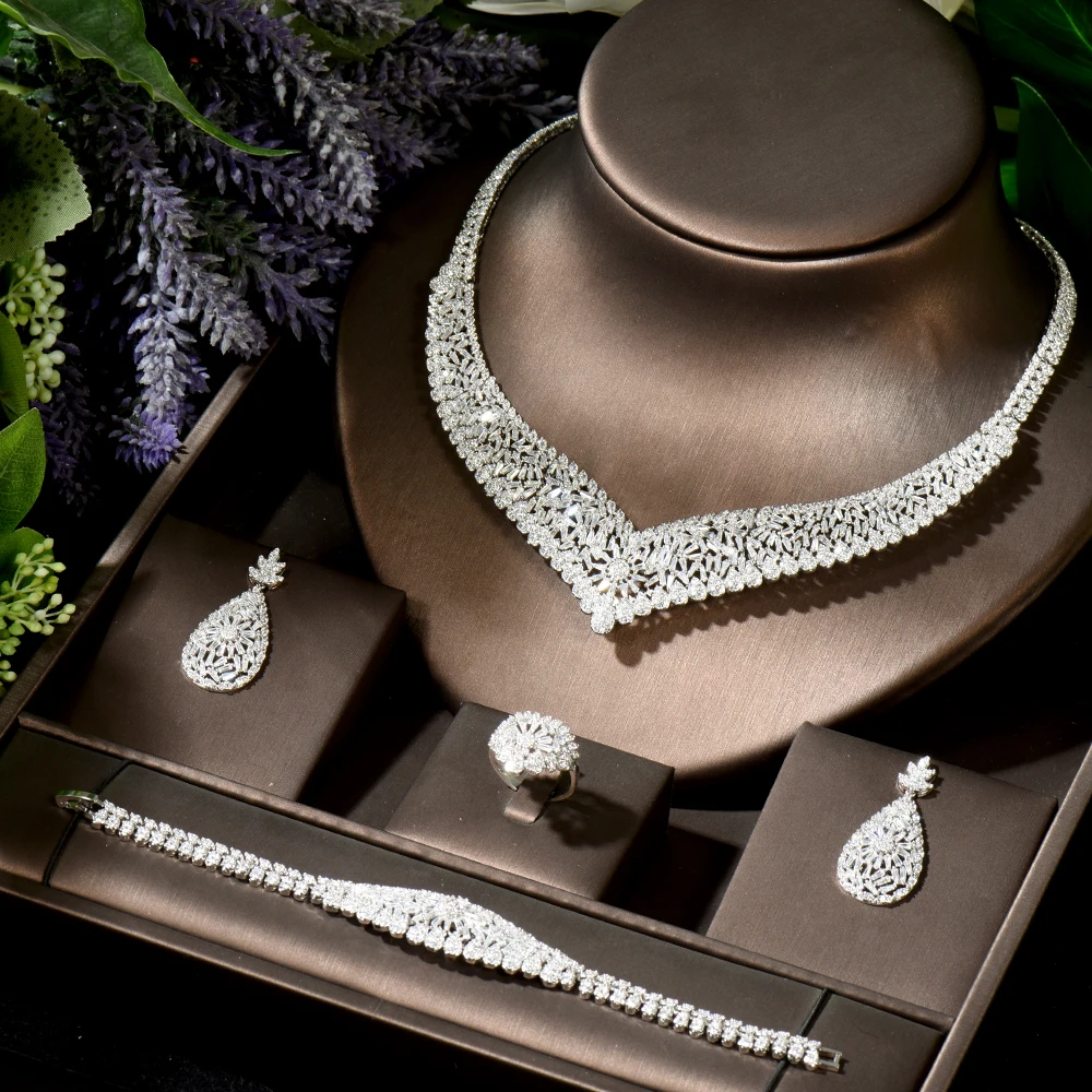 Mecresh Elegant AAA Cubic Zirconia Wedding Necklace Earring Set for Bride 