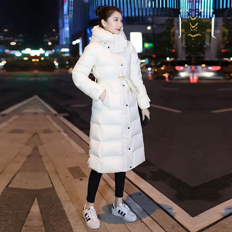 

Fashion Winter White Duck Down Jacket Women 2020 New Casual Slim Sashes Long Hooded Down Coat Female Office Lady