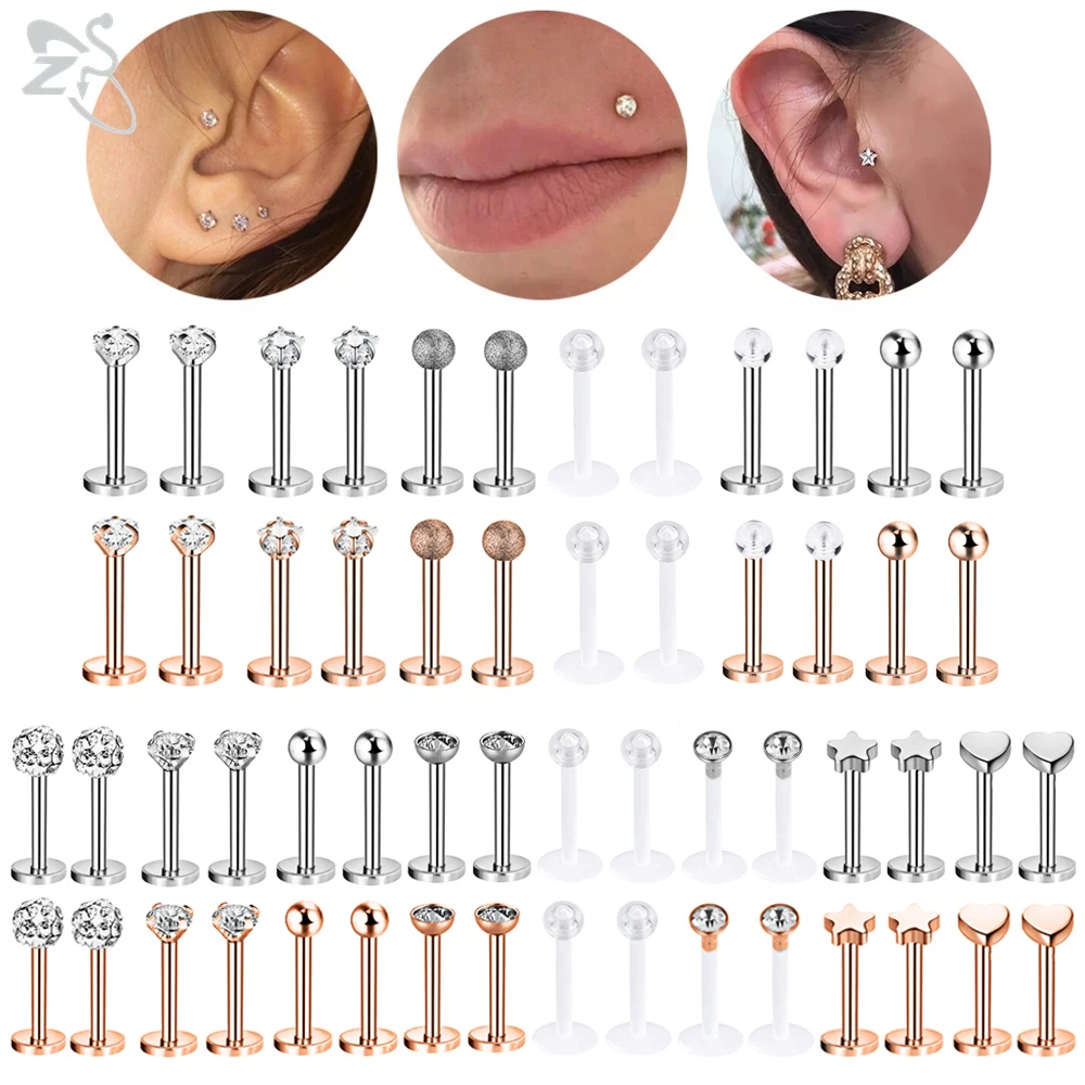 Zs 12-16 pçs/lote aço inoxidável labret lábio monroe piercing conjunto 16g estrela bola cz cristal orelha tragus helix conch piercings jóias