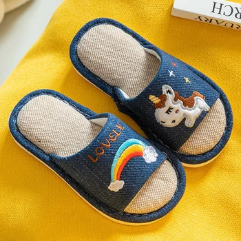 

Four Seasons Child Home Cotton Linen Slippers Unicorn slippers Cartoons Animals Slippers Pvc Rubber Flats for children Shoes