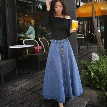 

Skirts Women A-line Mid-calf High Waist Denim Solid Casual Elegant Womens Korean Style All-match Daily Student Summer Fashion