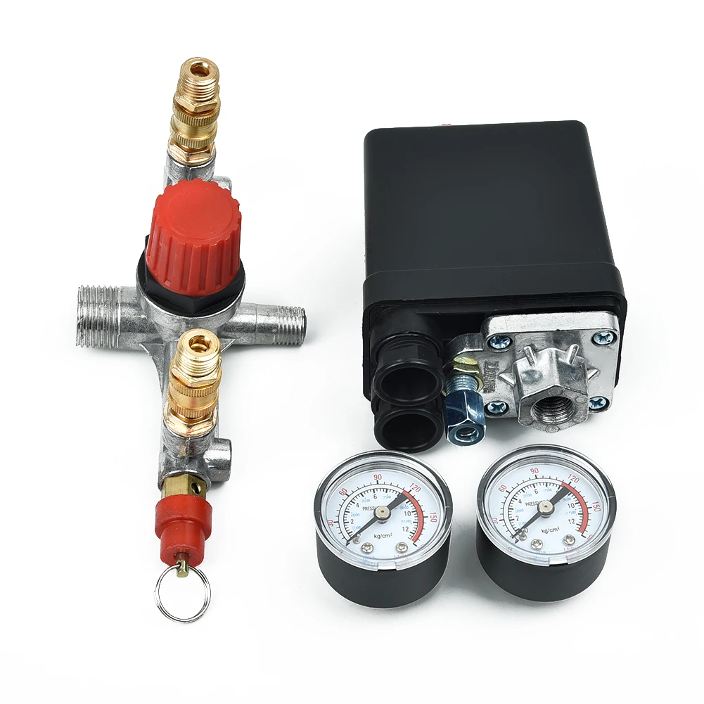 

1pc Air Compressor Pressure Control Switch Valve Manifold Regulator W/ Gauges Car Air Compressor Pressure Valve Switch Set