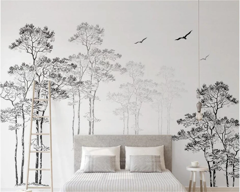 

wellyu Custom large murals simple nordic style black and white sketch abstract tree flying bird TV background wall papier peint