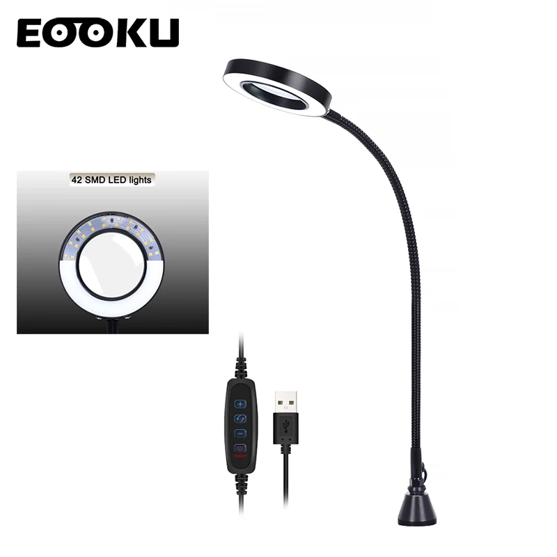 

EOOKU USB DC 5V LED Reading Table Lamp with Magnetic Base 3 Colors Adjustable Eye Protection Lighting 3X Magnifier Lamp