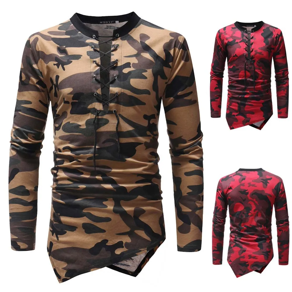 

2018 Autumn And Winter New Style Men Cool with Drawstring Neckline Irregular Hem Long Sleeve Slim Fit Hip Hop Leisure T-shirt