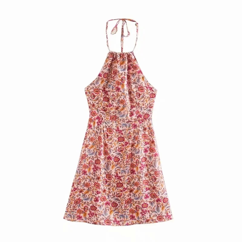 TEELYNN Halter pink Floral print Summer Dresses boho beach Sexy sleeveless backless Mini Dress Women cover up Casual Vestidos