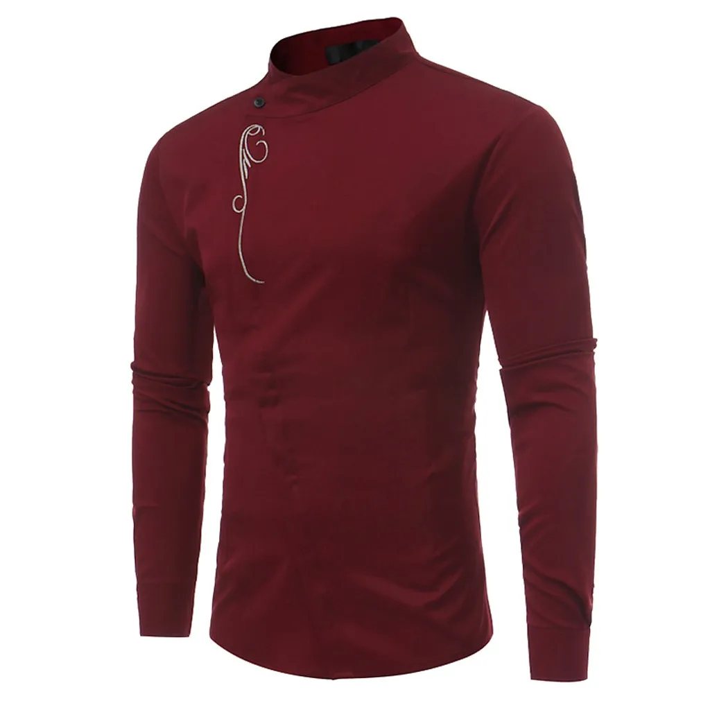 Wine Новое поступление осенне-зимние мужские рубашки с длинным рукавом Irraguler Slim Fit Embroidery Tee Chemise Homme Manche - Цвет: Wine