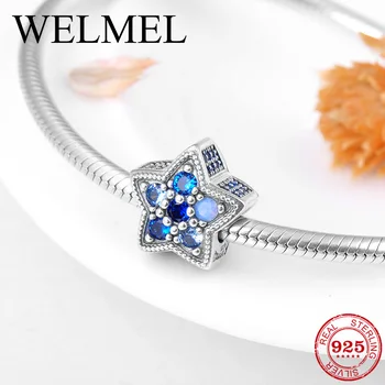 

New 925 Sterling Silver Fashion light blue colorful CZ star beads Fit Original Pandora Charm Bracelet Jewelry making 2018
