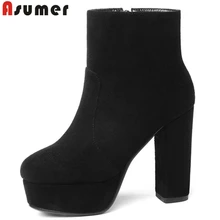 ASUMER/Модная зимняя обувь на платформе женские замшевые ботильоны с круглым носком женские ботинки на Высоком толстом каблуке для выпускного вечера размеры 34-43