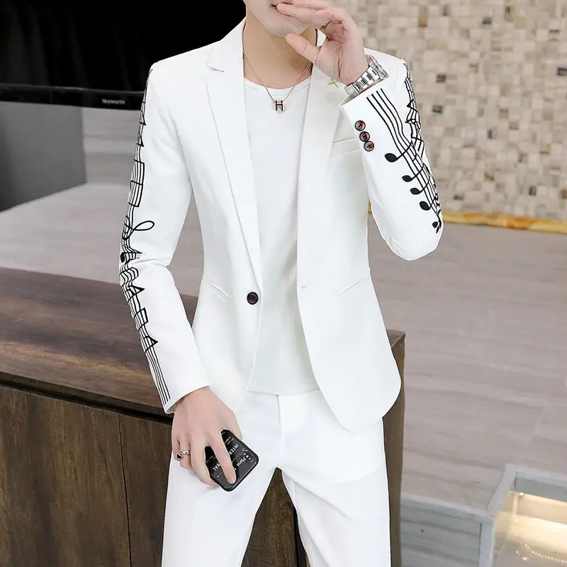 New Note Embroidery Men Suit Slim 