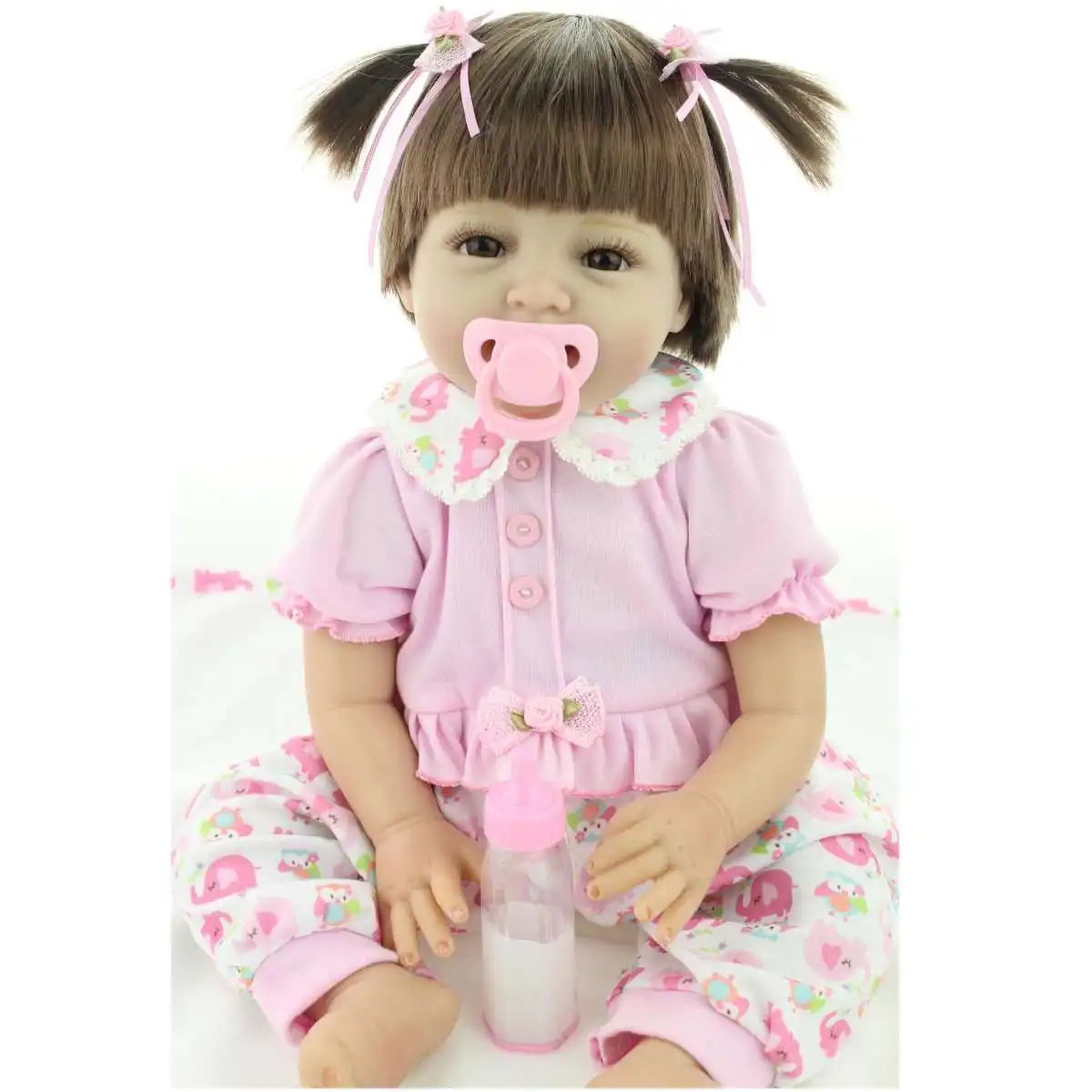 

55CM Doll Reborn Toddler Girl Doll In Pink Rabbit Dress Full Body Silicone Baby Smooth Long hair Anatomically Correct