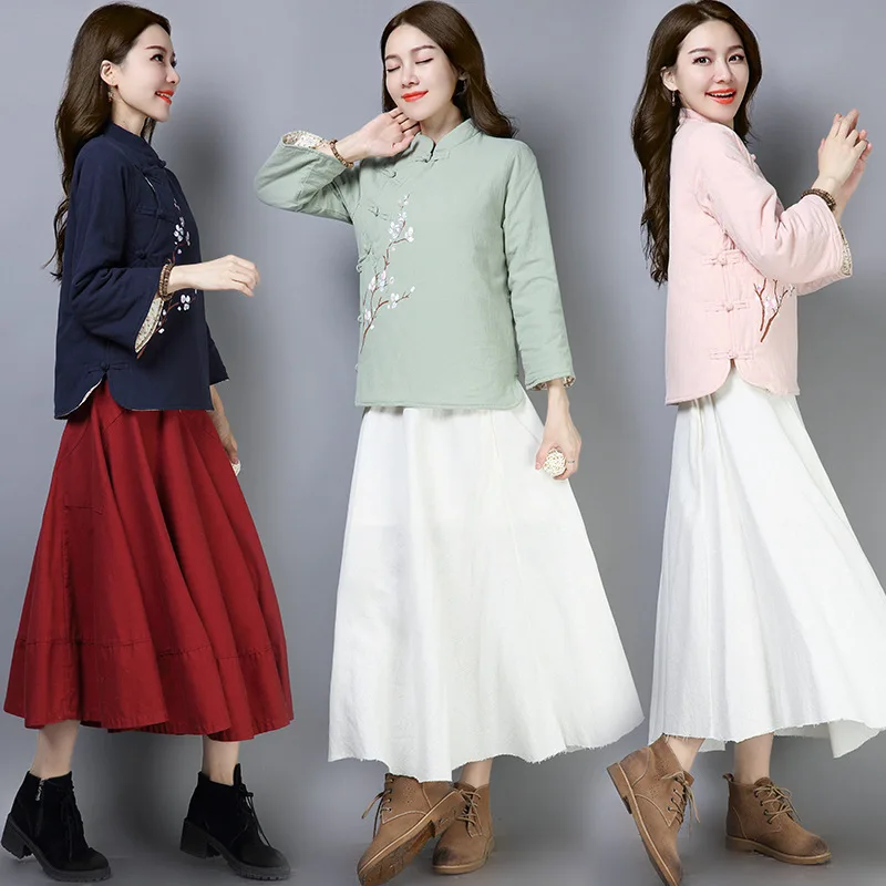 

2019 Winter New Style Large Size Dress National Wind Retro Frog Cotton Linen Printed Cotton-padded Clothes Tea Service Cotton-pa