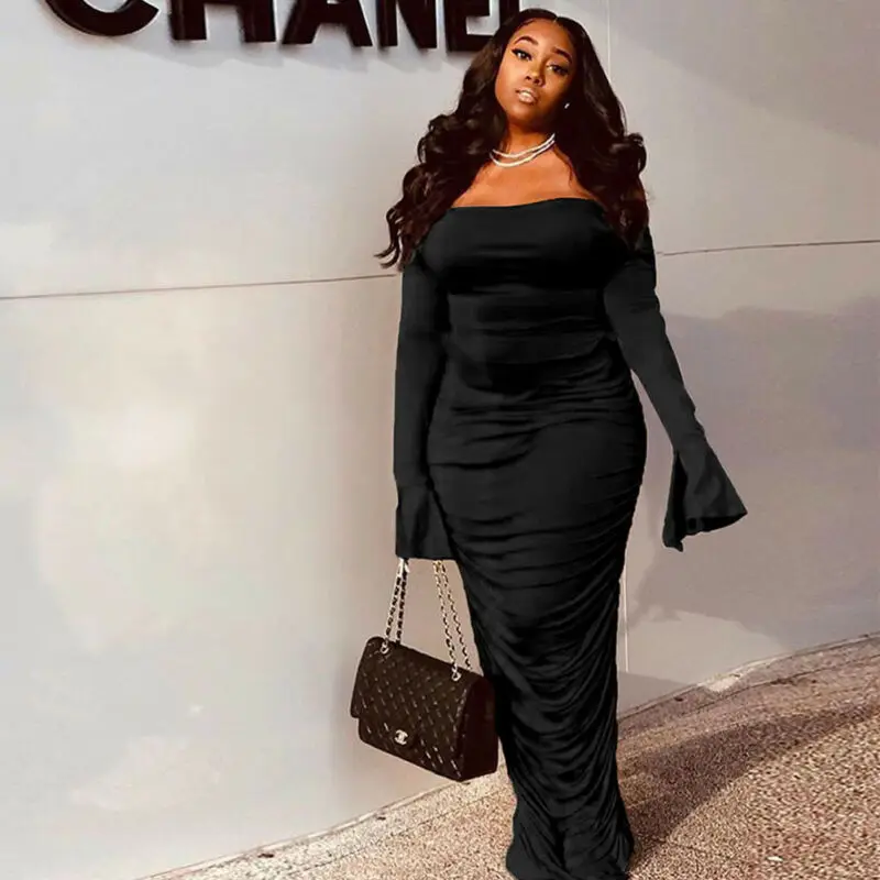 

Goocheer Off Shoulder Drawstring Pleated Sexy Maxi Dress Women Backless Flare Sleeve Bodycon Dress Autumn Bow Bandage Dress