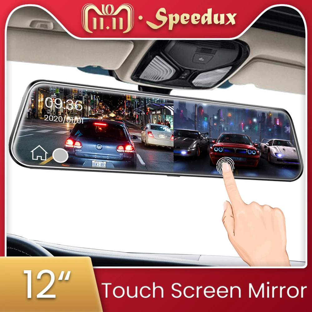 

12 Inch Car DVR 1440P Stream Media Dash Cam Touch Screen Dash Camera Dual Lens Video Recorder Rearview Mirror 2K Backup Camera