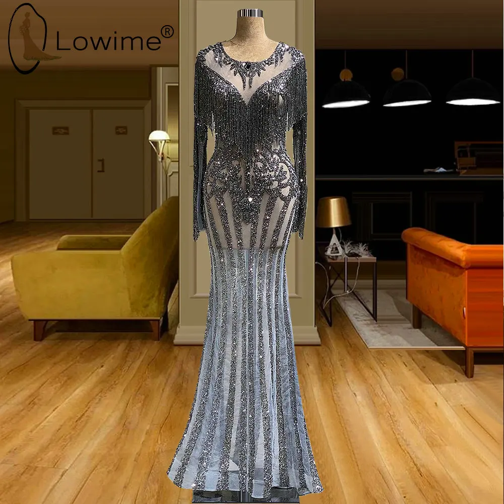 

Luxury Grey Tassel Beading Evening Dresses Illusion O Neck Muslim Sexy Long Sleeve Mermaid Evening Gowns