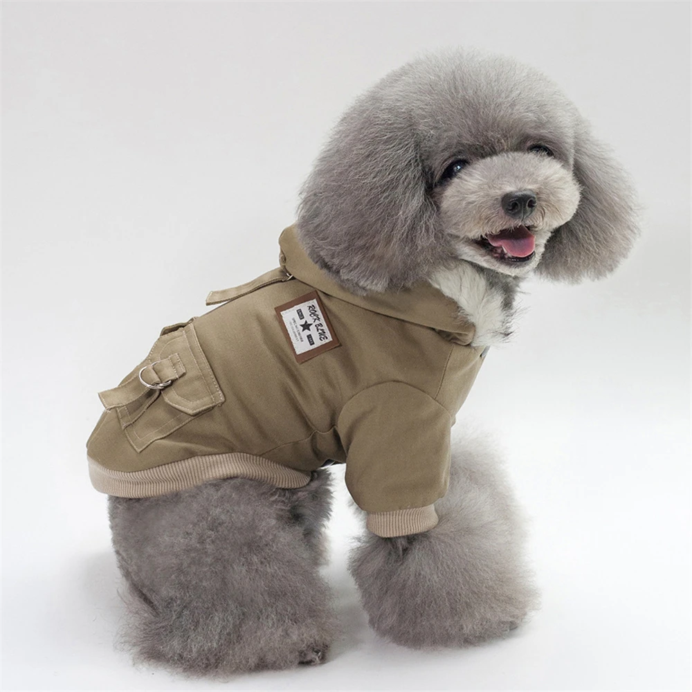 Khaki Зимняя одежда для домашних животных, куртка для собак, шерстяная с капюшоном, военная форма, теплый хлопковый комбинезон, плотный костюм для маленьких, средних и больших собак, кошек - Цвет: Khaki