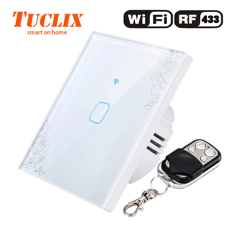 TUCLIX ЕС/Великобритания Wi-Fi приложение настенный выключатель света 1 банда 1 способ 110-240 В Кристалл стекло панель Переключатель водонепроницаемый Сенсорный управление - Цвет: WiFi-RF-01 Lace-X