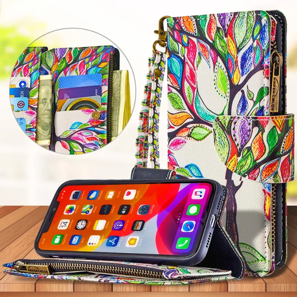 For Apple iPhone Se 2020 11 Pro XS Max XR X 8 7 6 6s Plus Painted Pattern Leather Case Zipper Bag Wallet Card Holder Phone Cover For Apple iPhone Se 2020 11 Pro XS Max XR X 8 7 6 6s Plus Painted Pattern Leather Case Zipper Bag Wallet Card Holder Phone Cover