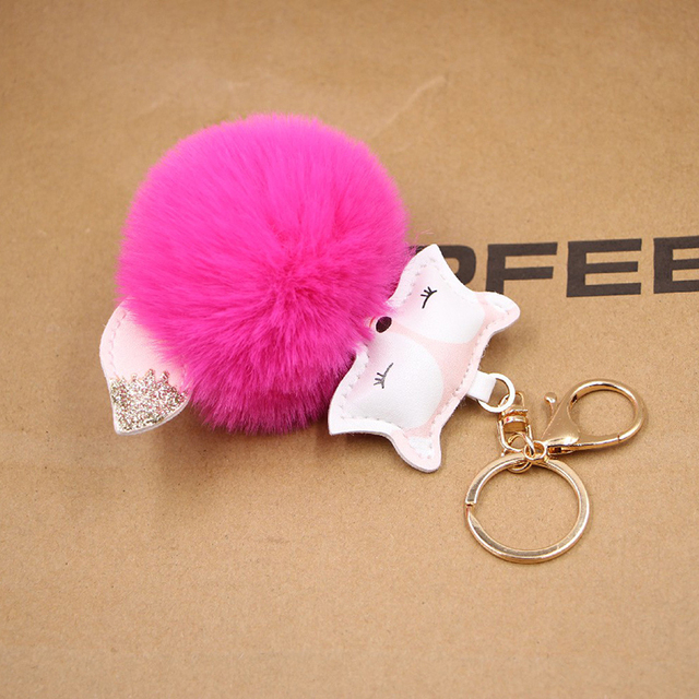 Ball Keychain Charm Key Ring Cute Leather Fox Keyring Plush Fluffy Pompom Faux Rabbit Fur Ball Bag Car Key Charms Accessory