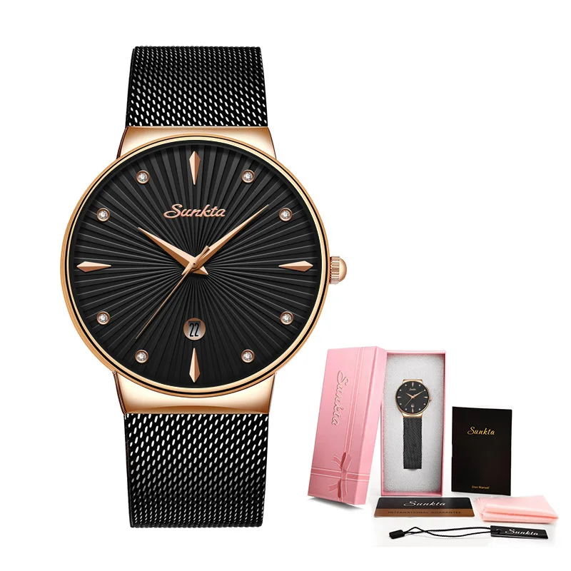 Montre Femme SUNKTA, новые часы из розового золота, женские кварцевые часы, женские роскошные Брендовые женские наручные часы, часы для девочек, подарок для жены+ коробка - Цвет: ROSE GOLD BLACK