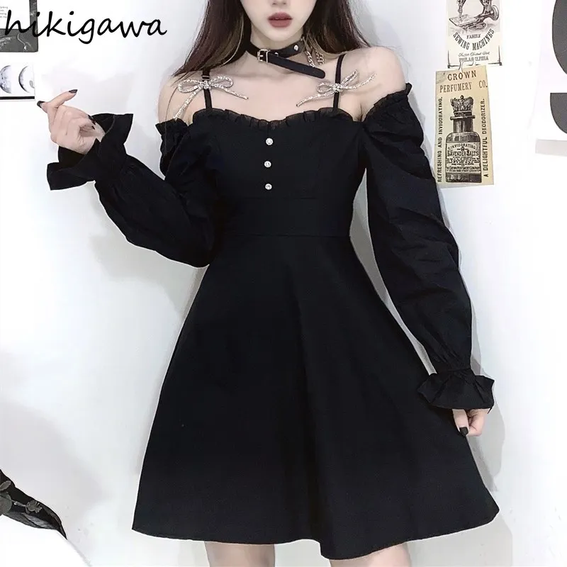 Hikigawa 2021 Sweet Woman Dress Sexy Slash Neck Sling Slim Fit Vestidos Gothic Ruffles Long Sleeve Black Mini Dresses Women | Женская