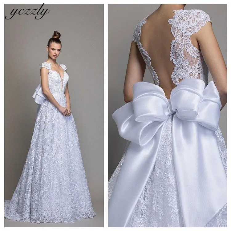 Robe De Mariee модное ТРАПЕЦИЕВИДНОЕ кружевное свадебное платье с v-образным вырезом и открытой спиной одежда с рукавами длинное свадебное платье с бисером с большим бантом W151