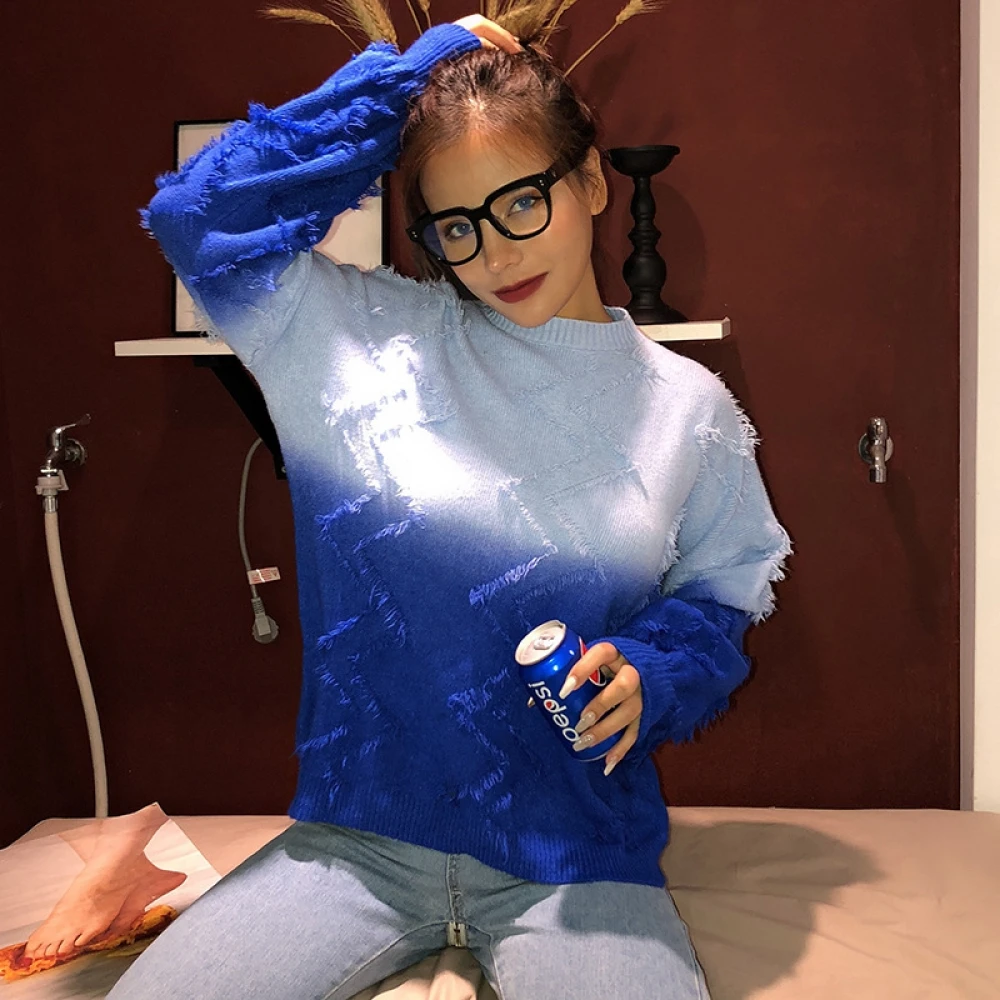 Autumn Winter Fashion Sweet Women Loose Casual Gradient Tassel Pullover Sweater Blue White Korean Sweater Pull Femme Nouveaute