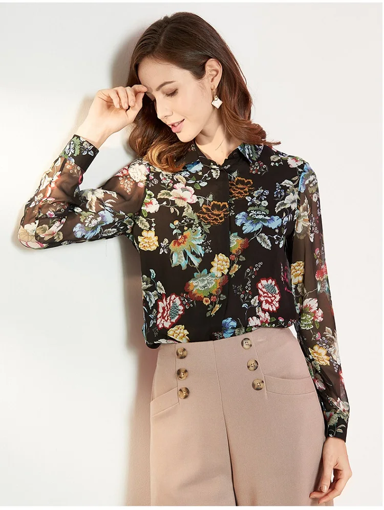 Natural Silk Shirt Women Fall New Long Sleeve Buttoned Cardigan Elegant Chiffon Crepe Real Silk Blouses Office Wear