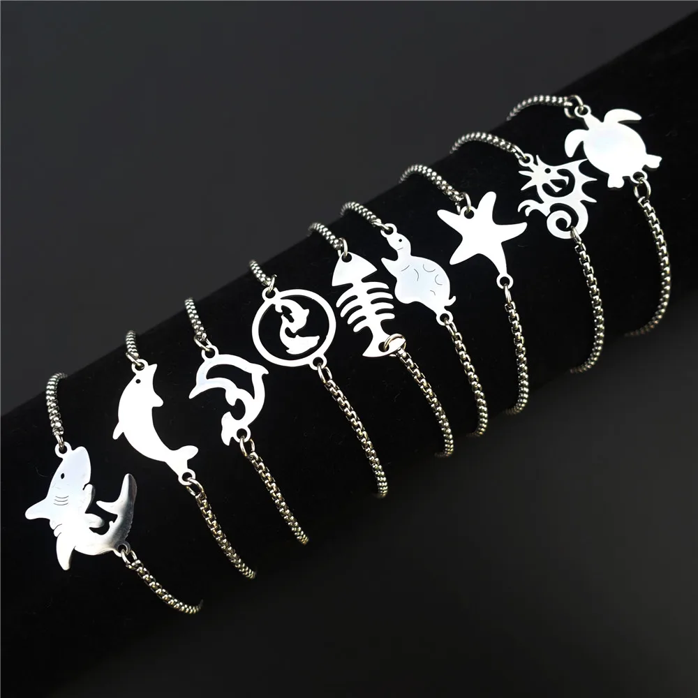 Seahorse Tortoise Porpoise Fish Seastar Bracelet Stainless Steel Wristband Jewelry Adjustable Length 12 pcs/lot Mix Styles | Украшения и