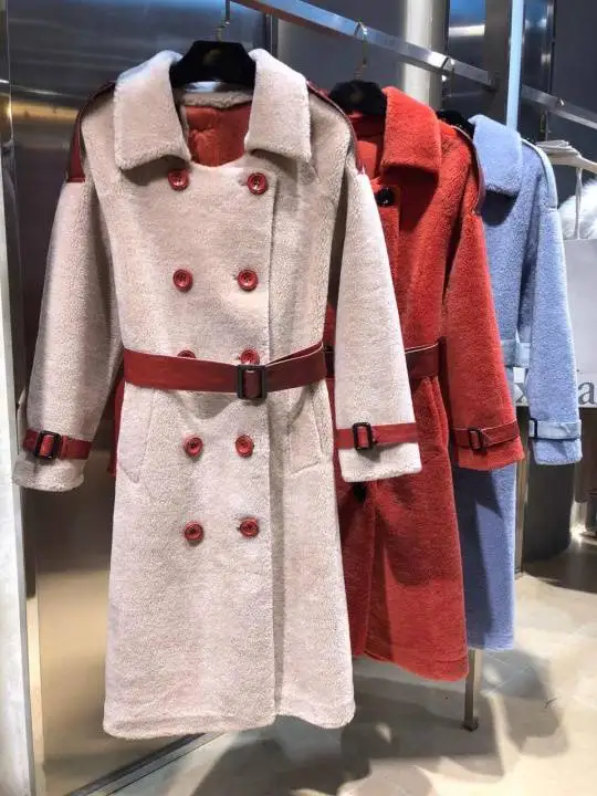 Зимнее Новое Модное Элегантное зимнее двубортное длинное женское пальто с поясом три цвета красный синий бежевый