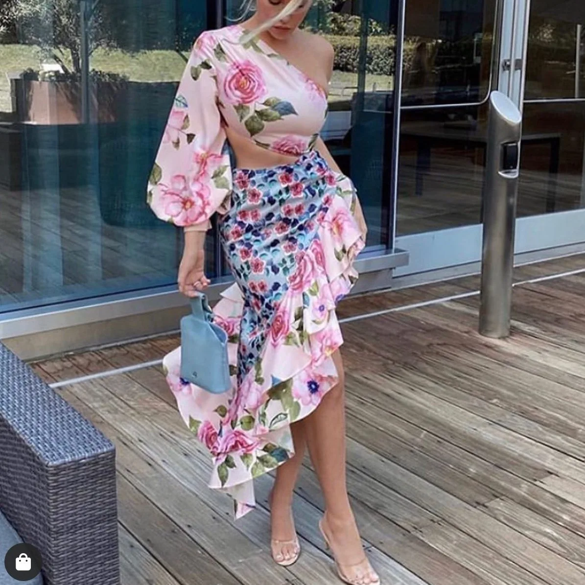 

Missord Sexy One Shoulder Floral Print Women Sets Ruffles Chiffon Lantern Sleeve 2 Ps Set Crop Tops+Midi Skirt Beach Suits M0743