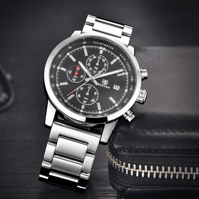 Benyar  Watch Men's Luxury Quartz Watch Stainless Steel Waterproof Men Timing Code Table Men's Clock Relogio Masculino