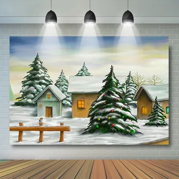 

Christmas town Backdrop Christmas tree Houses Backdrops White cloud Snowfirld Photography Background For Photo Studio