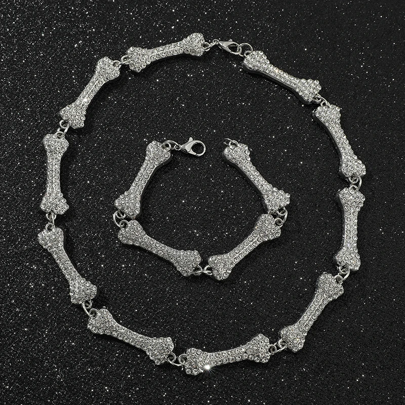 2022 Bone Necklace Iced Out Crystal Choker Necklaces Hip Hop Bone Element Clavicle Chain Men's Women's Gothic Party Jewelry