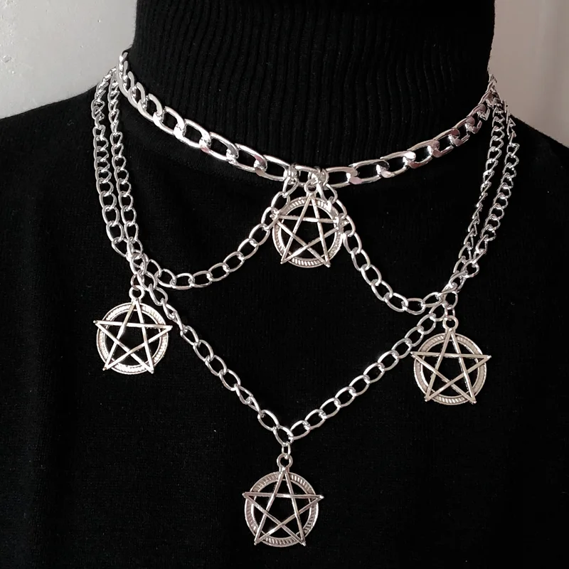 Shecina Goth Necklaces for Women, Long Grunge Coquette Jewelry Cross Beaded Bat Pentagram Star Pendant Simple Black Necklaces for Women Fashion