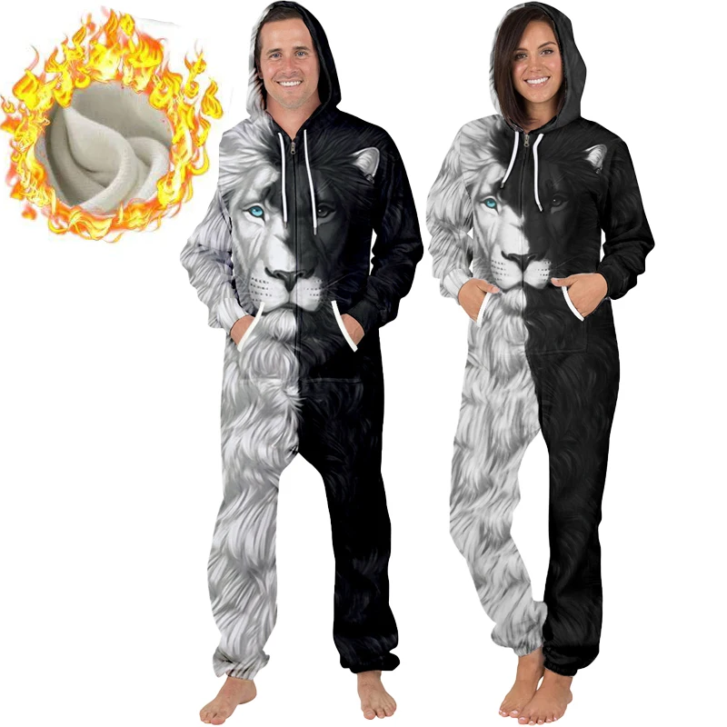 

Overalls For Women 3D Lion Animal Print Unisex Jumpsuits Winter Fleece Thick Hoodies Sweatshirts Trousers Outfits Romper Clothes