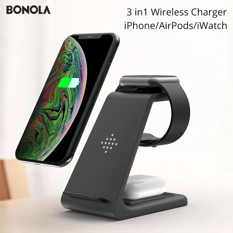 Bonola 3 в 1 Беспроводное зарядное устройство для iPhone 11/Xs AirPods Apple Watch 23 Беспроводная зарядная подставка для iWatch iPhone 11Pro/Xr/Xs Max
