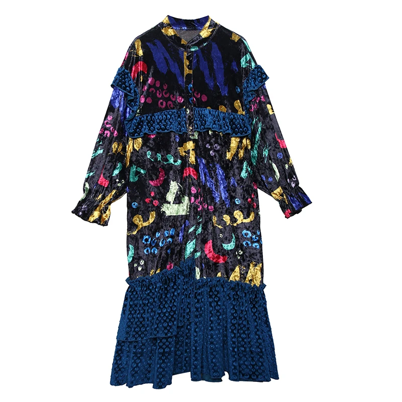 [EAM] женское вельветовое платье большого размера с голубым рисунком, новинка, воротник-стойка, длинный рукав, свободный крой, Мода весна-осень, 1B313 - Цвет: Blue graffiti