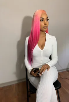

BAISI Hair Brazilian Hair Lace Front Wigs Ombre Pink Straight Full Lace Hair Wig with Pre-Plucked Nature Hairline