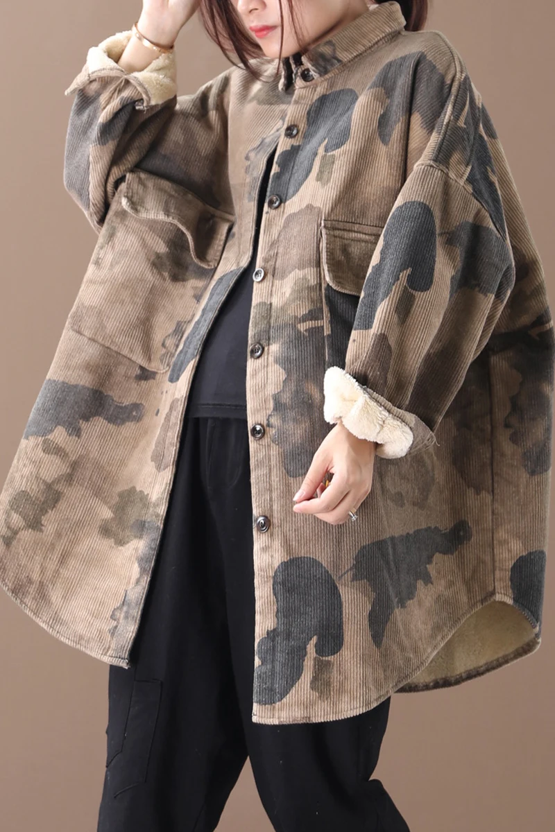 Autumn New Pattern Lapel Long Sleeve Leopard Patchwork Vintage Loose Large Size Vintage Cotton Padded