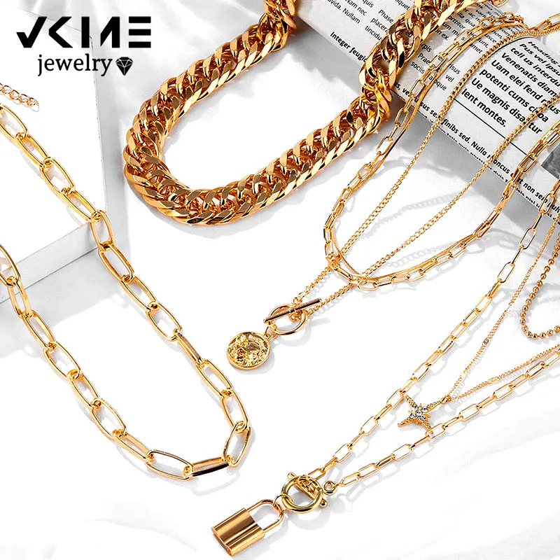VKME Fashion Star Lock Pendant Necklace for Women Vintage Thick Chunky Chain Choker Multilayer Coin Necklaces Jewelry Gifts | Украшения и