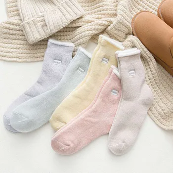 

Women Fashion Letter embroidery Plush Thickening Socks Cotton Solid Colors Middle stockings Japanese Cute Cotton Autumn Socks