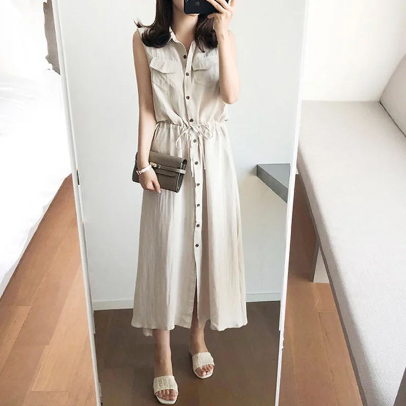 

LANMREM Solid Color Lapel Sleeveless Drawstring Waist Split Loose Woman Dress Casual Fashion 2019 Dresses Summer New TV140