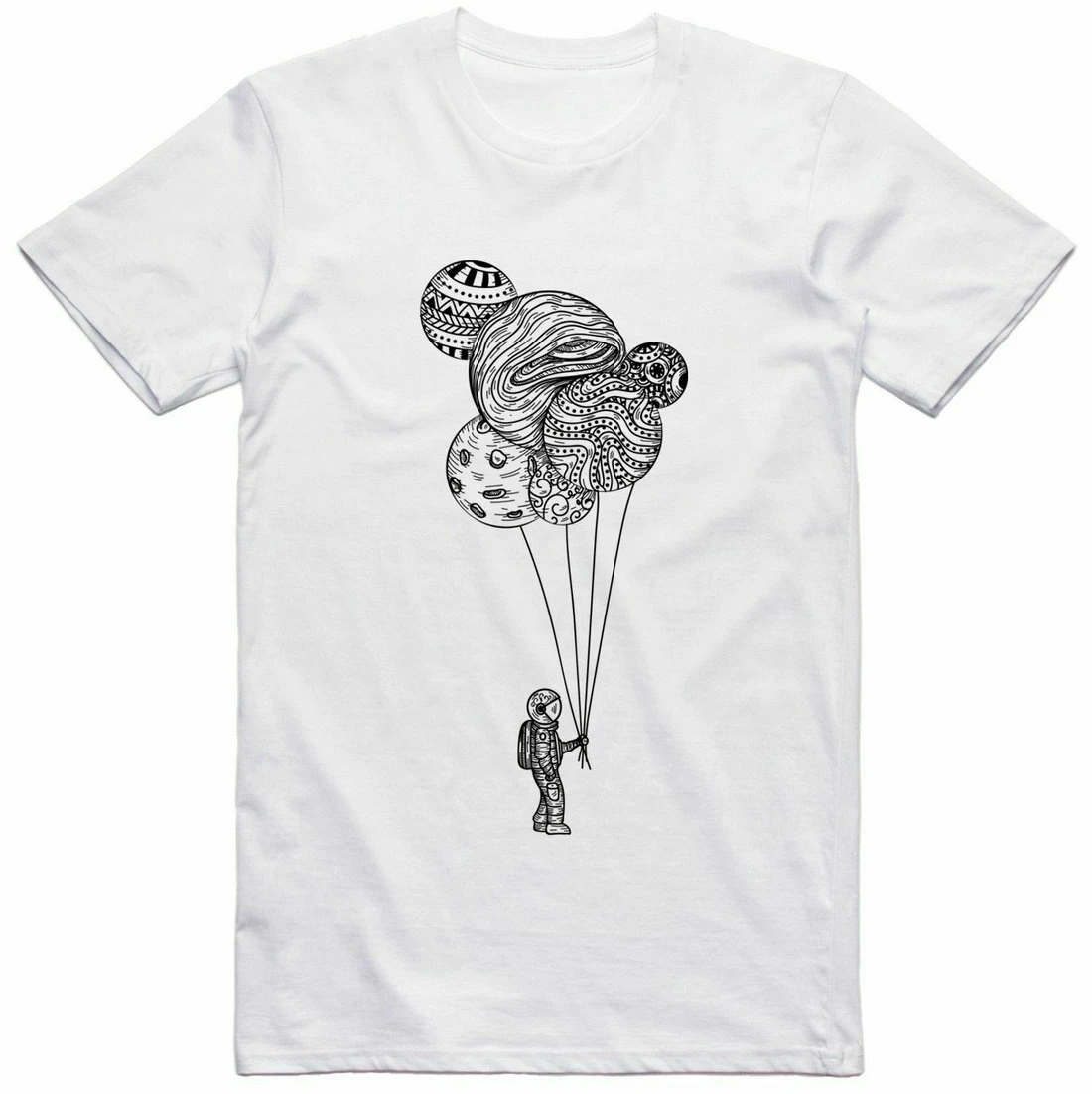 Astronauta sujetando globos del planeta ajuste Regular anillo hilado Pre encoge camisetas camiseta algodón manga corta| | -